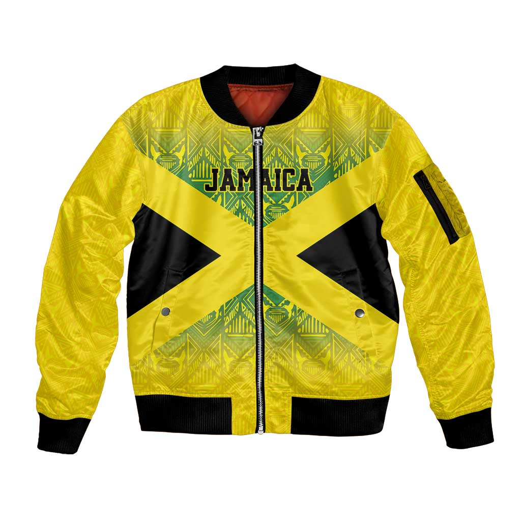 Custom Jamaica Reggae Boyz Sleeve Zip Bomber Jacket With Traditional Pattern - Wonder Print Shop