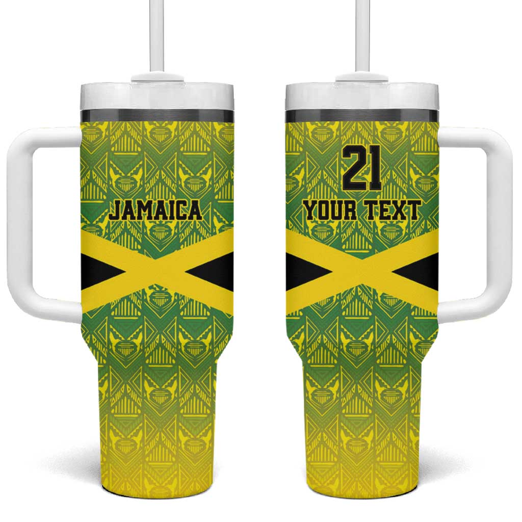 Custom Jamaica Reggae Boyz Tumbler With Handle With Traditional Pattern - Wonder Print Shop