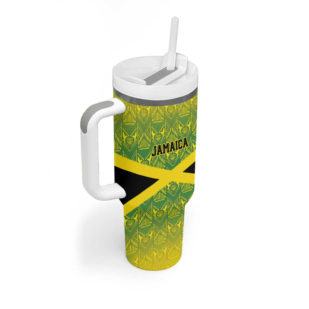 Custom Jamaica Reggae Boyz Tumbler With Handle With Traditional Pattern - Wonder Print Shop