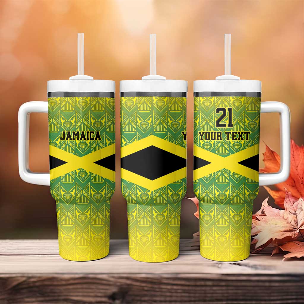 Custom Jamaica Reggae Boyz Tumbler With Handle With Traditional Pattern - Wonder Print Shop