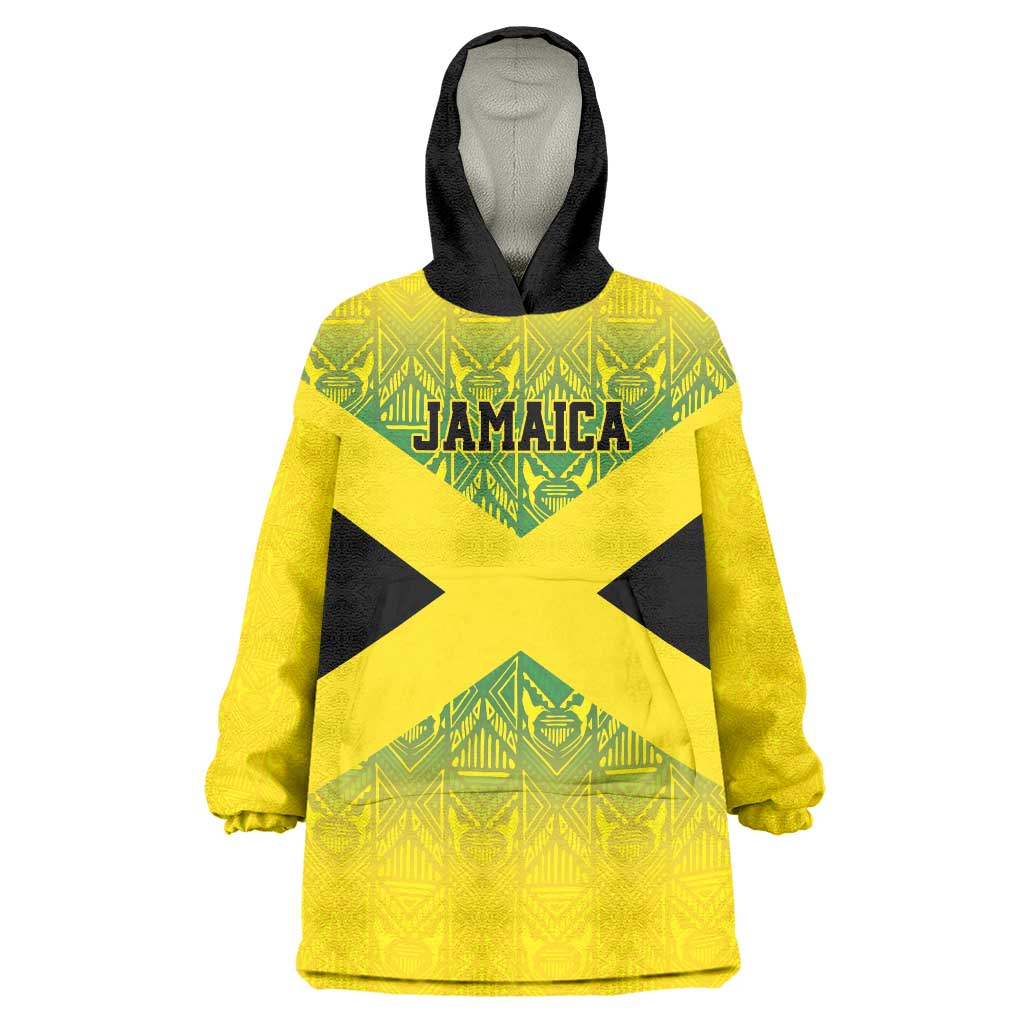 Custom Jamaica Reggae Boyz Wearable Blanket Hoodie With Traditional Pattern - Wonder Print Shop