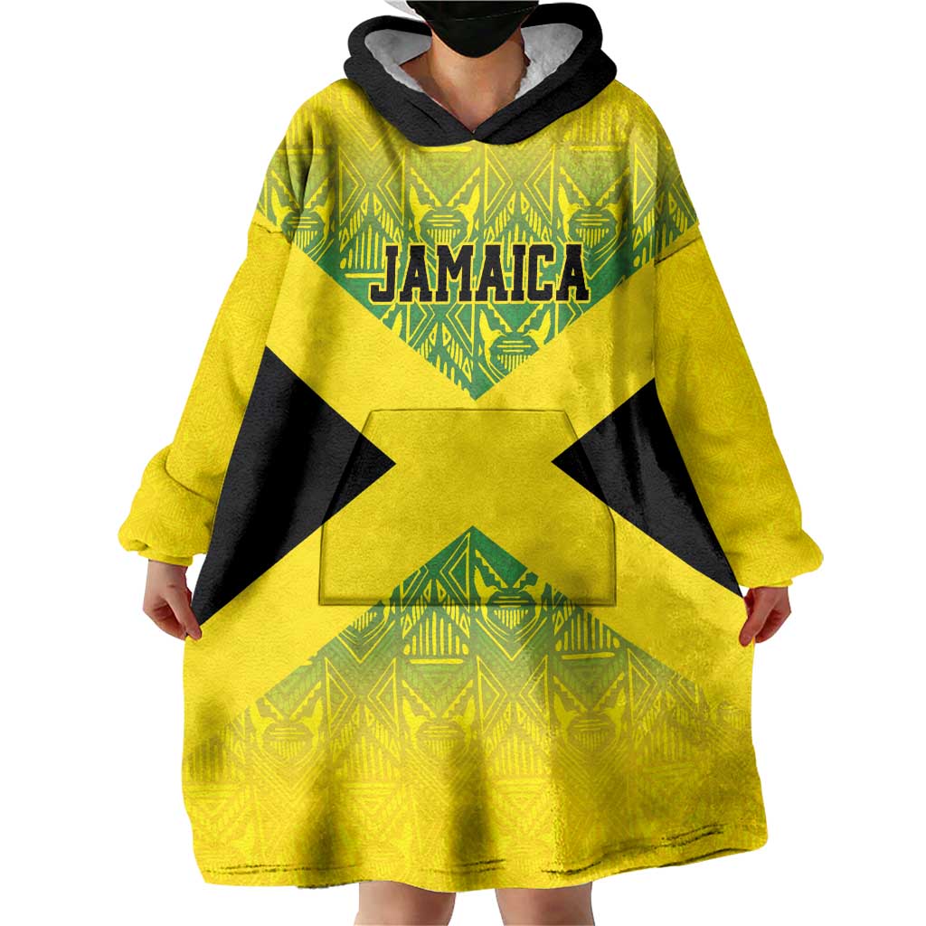 Custom Jamaica Reggae Boyz Wearable Blanket Hoodie With Traditional Pattern - Wonder Print Shop