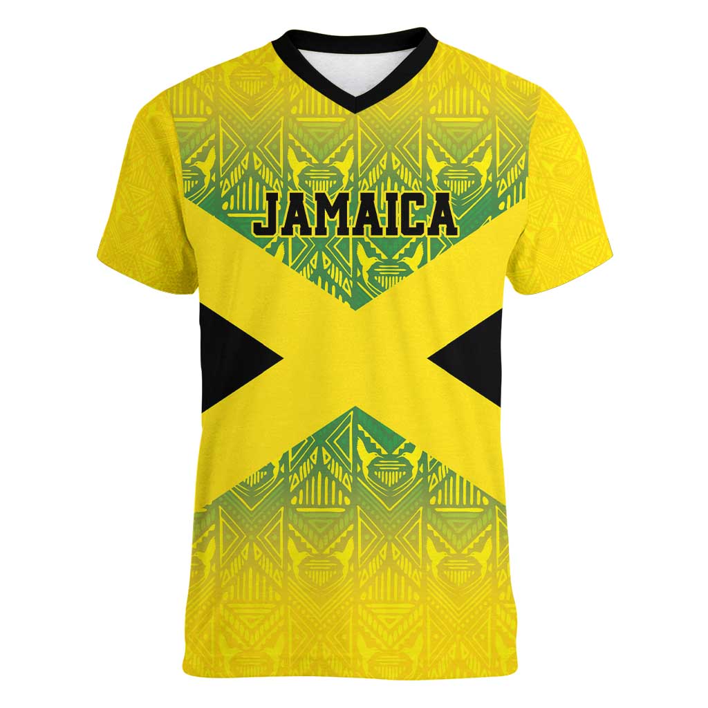 Custom Jamaica Reggae Boyz Women V-Neck T-Shirt With Traditional Pattern - Wonder Print Shop