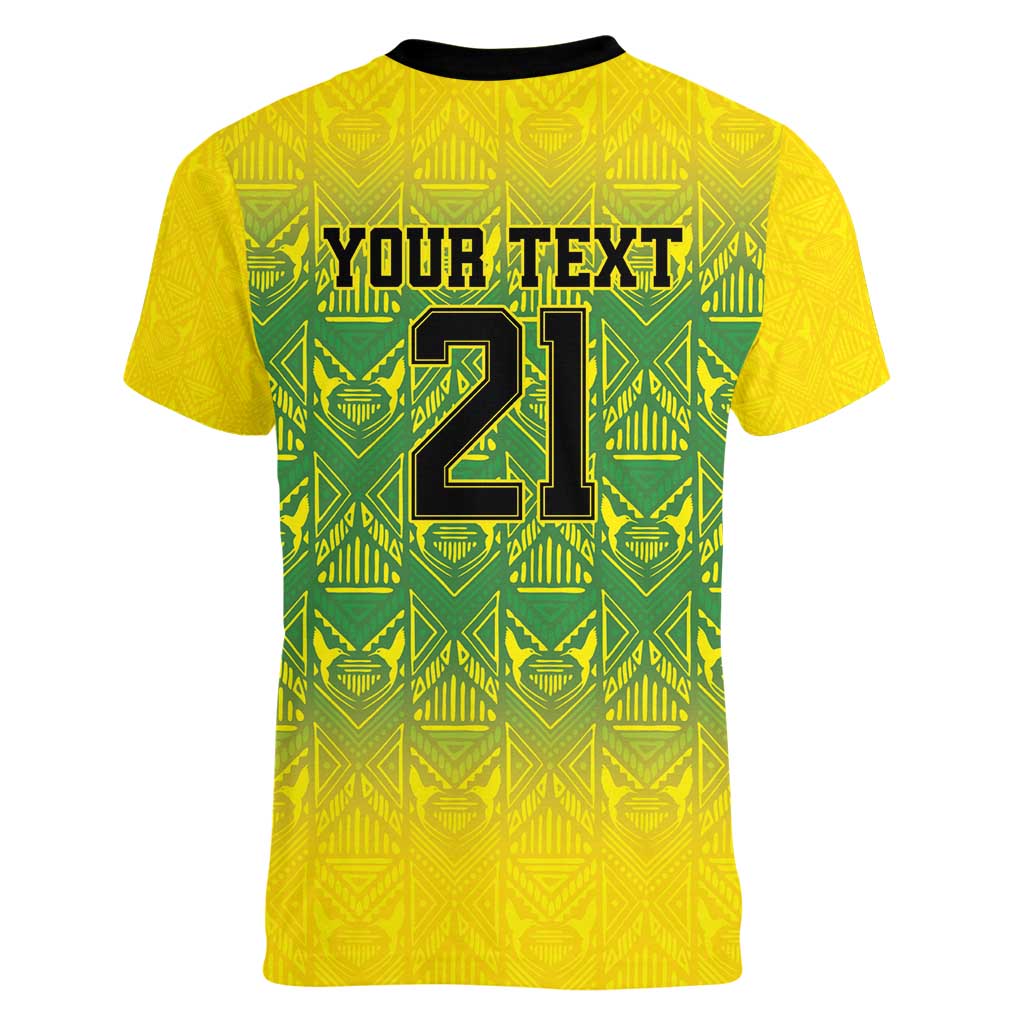 Custom Jamaica Reggae Boyz Women V-Neck T-Shirt With Traditional Pattern - Wonder Print Shop