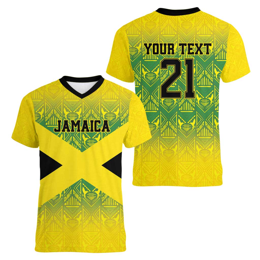 Custom Jamaica Reggae Boyz Women V-Neck T-Shirt With Traditional Pattern - Wonder Print Shop