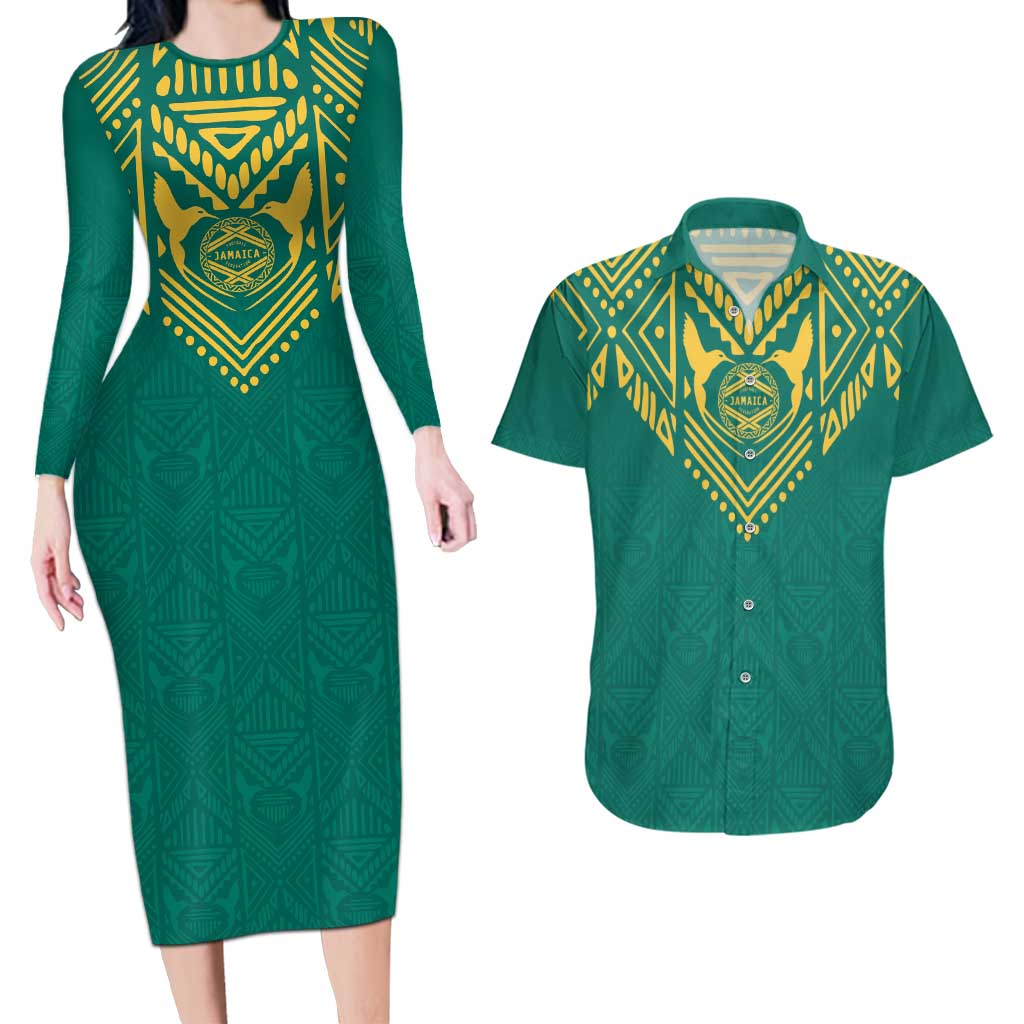 Jamaica Tribal Custom Football Couples Matching Long Sleeve Bodycon Dress and Hawaiian Shirt Green Style LT9 - Wonder Print Shop