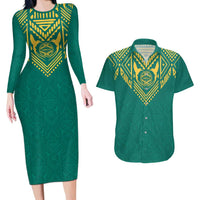 Jamaica Tribal Custom Football Couples Matching Long Sleeve Bodycon Dress and Hawaiian Shirt Green Style LT9 - Wonder Print Shop