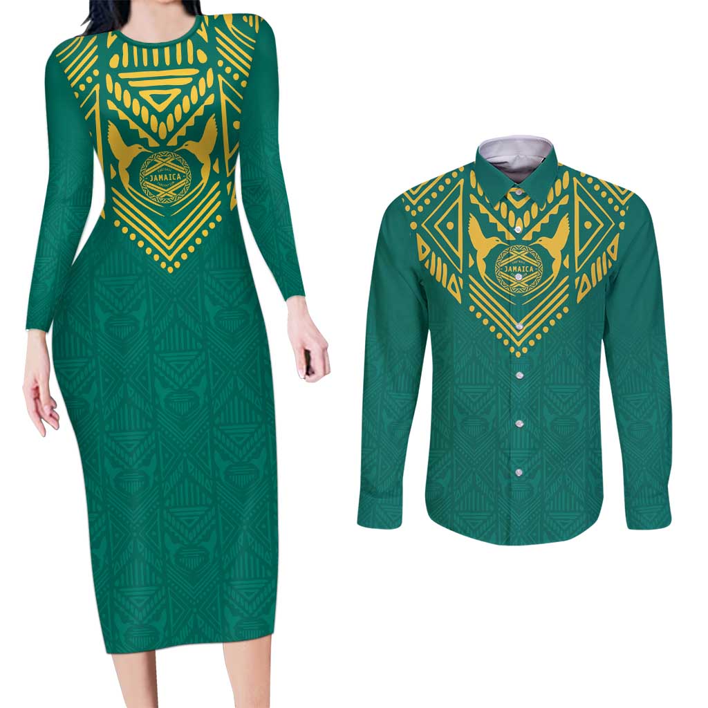 Jamaica Tribal Custom Football Couples Matching Long Sleeve Bodycon Dress and Long Sleeve Button Shirt Green Style LT9 - Wonder Print Shop
