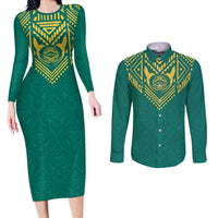 Jamaica Tribal Custom Football Couples Matching Long Sleeve Bodycon Dress and Long Sleeve Button Shirt Green Style LT9 - Wonder Print Shop