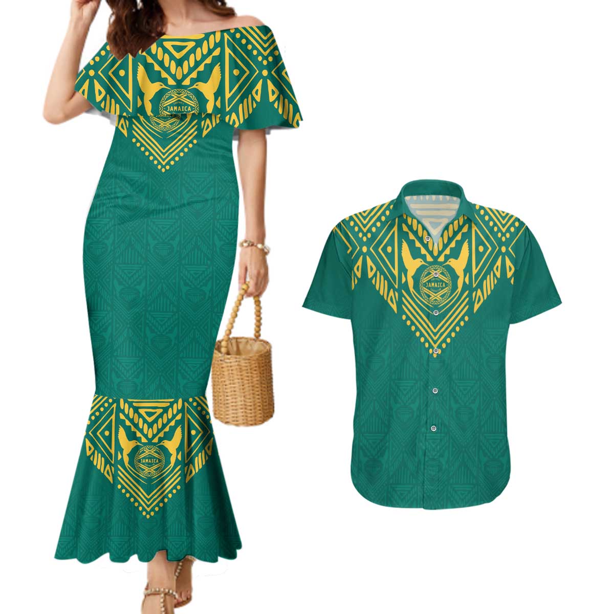 Jamaica Tribal Custom Football Couples Matching Mermaid Dress and Hawaiian Shirt Green Style LT9 - Wonder Print Shop