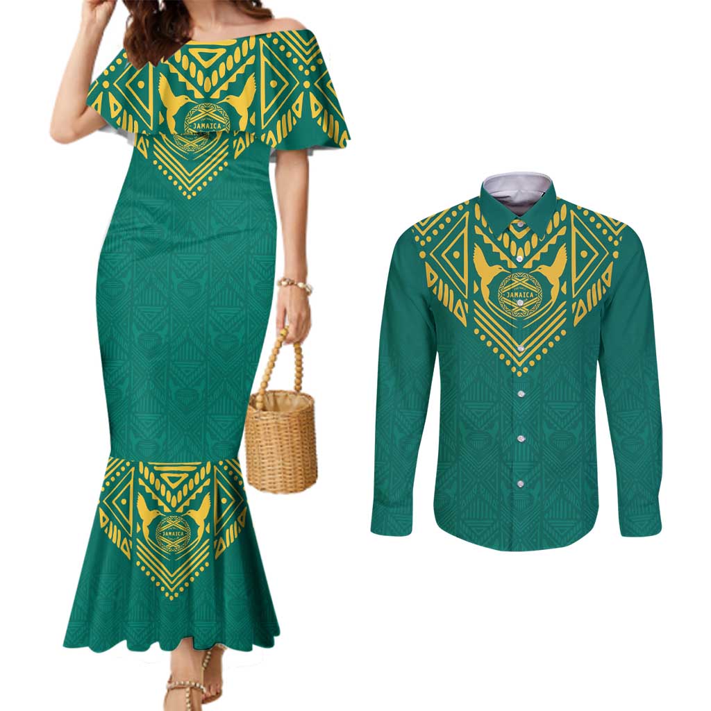 Jamaica Tribal Custom Football Couples Matching Mermaid Dress and Long Sleeve Button Shirt Green Style