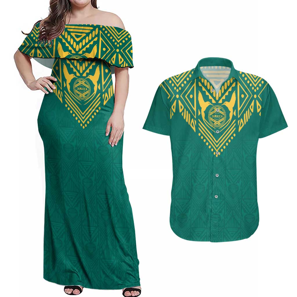 Jamaica Tribal Custom Football Couples Matching Off Shoulder Maxi Dress and Hawaiian Shirt Green Style LT9 - Wonder Print Shop