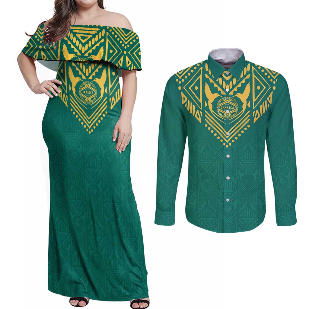 Jamaica Tribal Custom Football Couples Matching Off Shoulder Maxi Dress and Long Sleeve Button Shirt Green Style LT9 - Wonder Print Shop