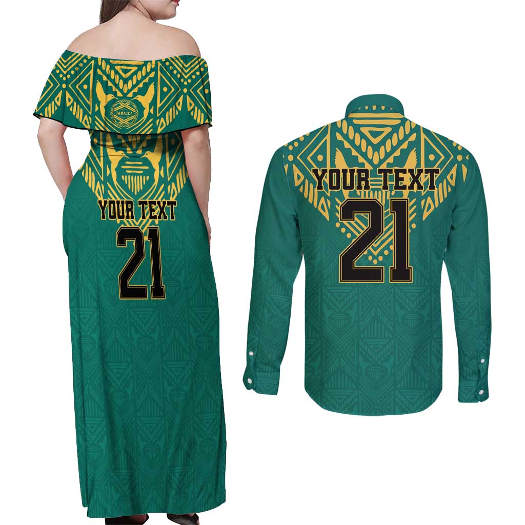 Jamaica Tribal Custom Football Couples Matching Off Shoulder Maxi Dress and Long Sleeve Button Shirt Green Style LT9 - Wonder Print Shop