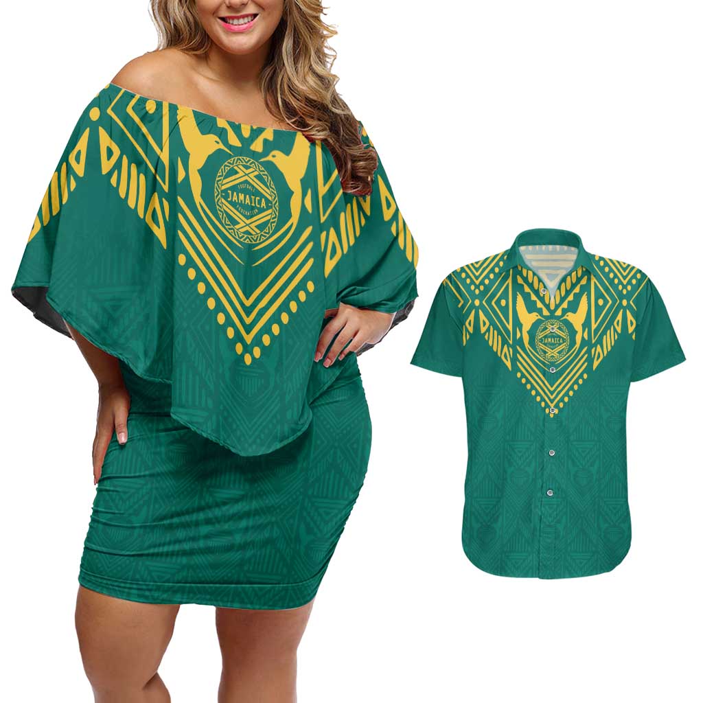 Jamaica Tribal Custom Football Couples Matching Off Shoulder Short Dress and Hawaiian Shirt Green Style LT9 - Wonder Print Shop