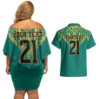 Jamaica Tribal Custom Football Couples Matching Off Shoulder Short Dress and Hawaiian Shirt Green Style LT9 - Wonder Print Shop