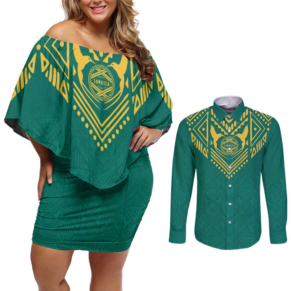 Jamaica Tribal Custom Football Couples Matching Off Shoulder Short Dress and Long Sleeve Button Shirt Green Style LT9 - Wonder Print Shop