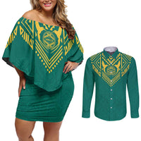 Jamaica Tribal Custom Football Couples Matching Off Shoulder Short Dress and Long Sleeve Button Shirt Green Style LT9 - Wonder Print Shop