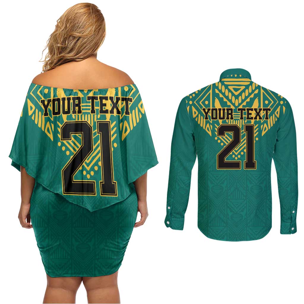 Jamaica Tribal Custom Football Couples Matching Off Shoulder Short Dress and Long Sleeve Button Shirt Green Style LT9 - Wonder Print Shop