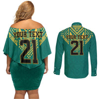 Jamaica Tribal Custom Football Couples Matching Off Shoulder Short Dress and Long Sleeve Button Shirt Green Style LT9 - Wonder Print Shop