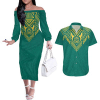 Jamaica Tribal Custom Football Couples Matching Off The Shoulder Long Sleeve Dress and Hawaiian Shirt Green Style LT9 - Wonder Print Shop