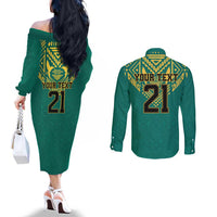 Jamaica Tribal Custom Football Couples Matching Off The Shoulder Long Sleeve Dress and Long Sleeve Button Shirt Green Style