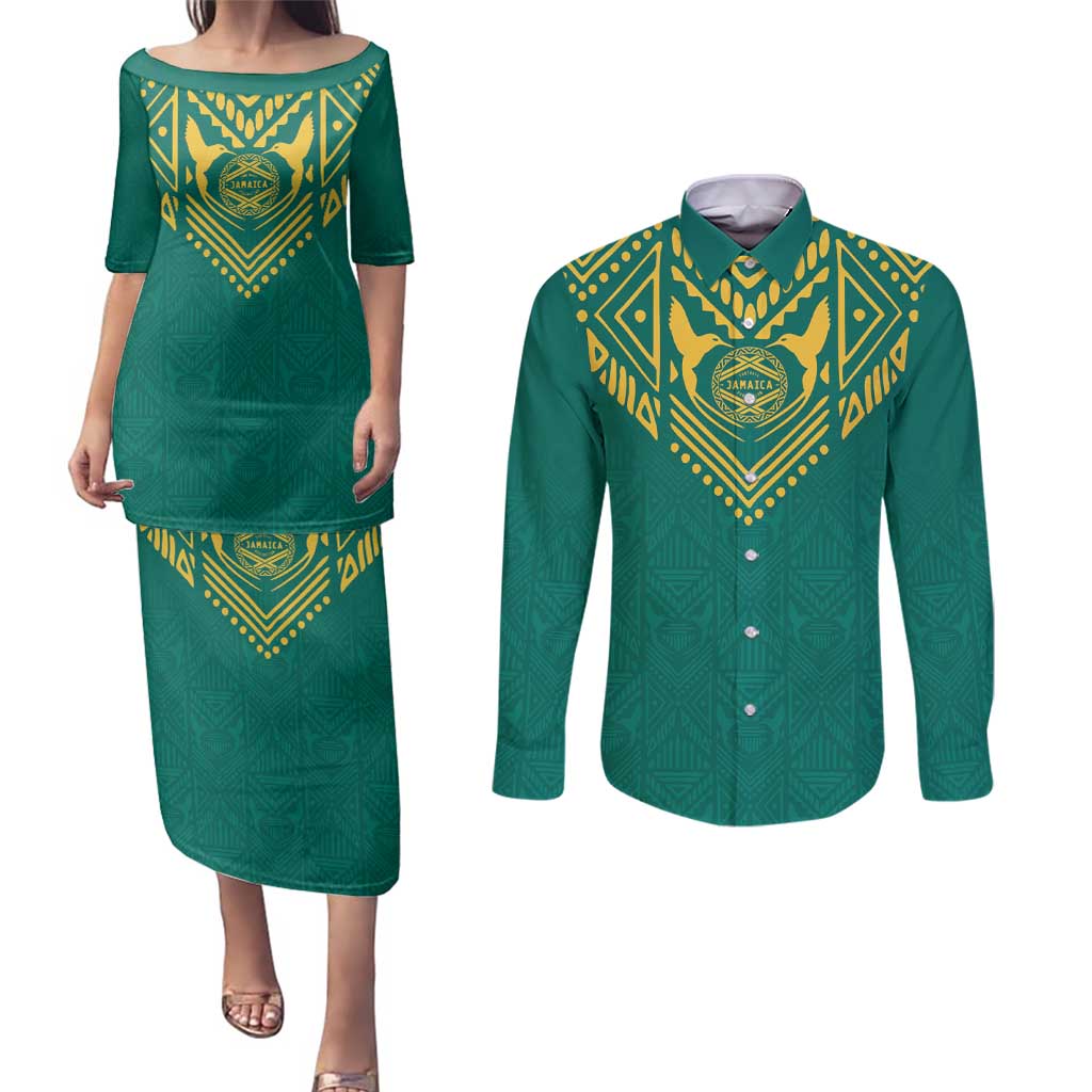 Jamaica Tribal Custom Football Couples Matching Puletasi and Long Sleeve Button Shirt Green Style LT9 - Wonder Print Shop