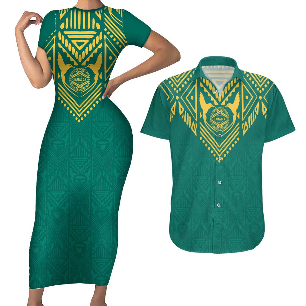 Jamaica Tribal Custom Football Couples Matching Short Sleeve Bodycon Dress and Hawaiian Shirt Green Style LT9 - Wonder Print Shop