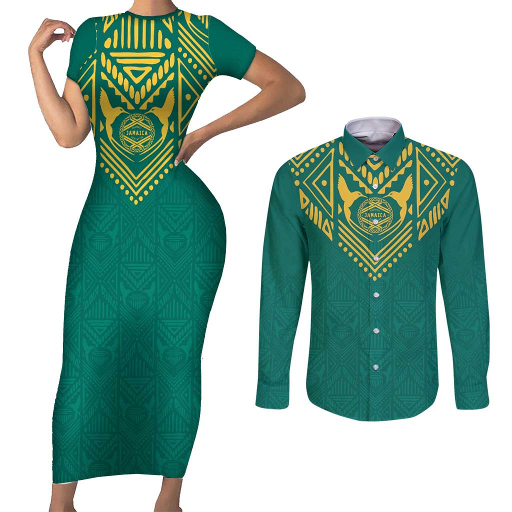 Jamaica Tribal Custom Football Couples Matching Short Sleeve Bodycon Dress and Long Sleeve Button Shirt Green Style LT9 - Wonder Print Shop