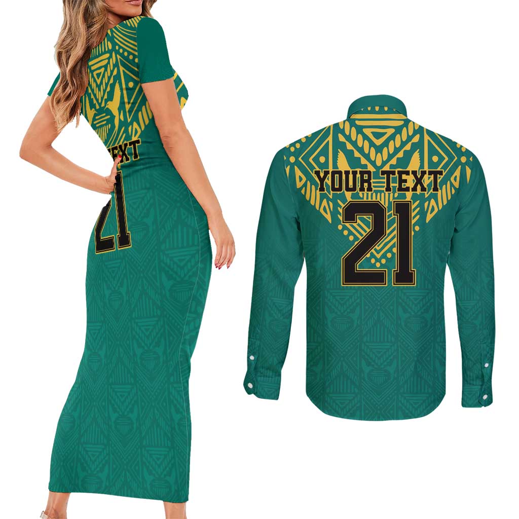 Jamaica Tribal Custom Football Couples Matching Short Sleeve Bodycon Dress and Long Sleeve Button Shirt Green Style LT9 - Wonder Print Shop