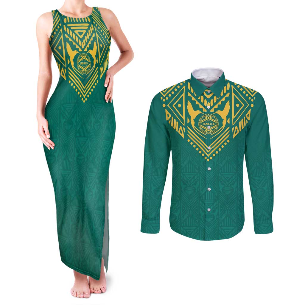 Jamaica Tribal Custom Football Couples Matching Tank Maxi Dress and Long Sleeve Button Shirt Green Style LT9 - Wonder Print Shop