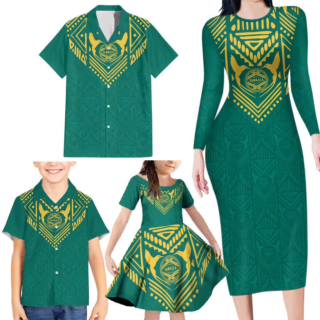 Jamaica Tribal Custom Football Family Matching Long Sleeve Bodycon Dress and Hawaiian Shirt Green Style LT9 - Wonder Print Shop