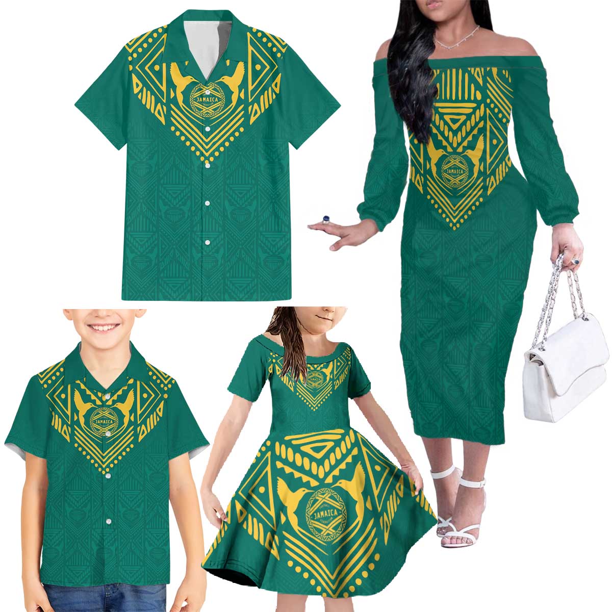Jamaica Tribal Custom Football Family Matching Off The Shoulder Long Sleeve Dress and Hawaiian Shirt Green Style - Wonder Print Shop
