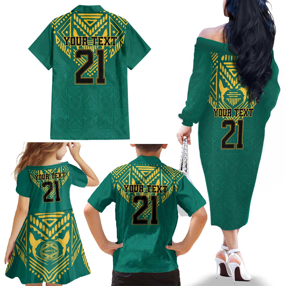 Jamaica Tribal Custom Football Family Matching Off The Shoulder Long Sleeve Dress and Hawaiian Shirt Green Style - Wonder Print Shop