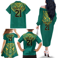 Jamaica Tribal Custom Football Family Matching Off The Shoulder Long Sleeve Dress and Hawaiian Shirt Green Style - Wonder Print Shop