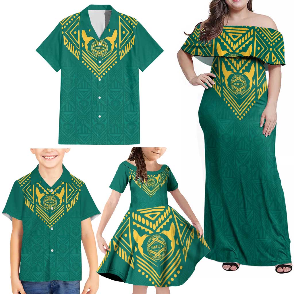 Jamaica Tribal Custom Football Family Matching Off Shoulder Maxi Dress and Hawaiian Shirt Green Style LT9 - Wonder Print Shop