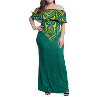 Jamaica Tribal Custom Football Family Matching Off Shoulder Maxi Dress and Hawaiian Shirt Green Style LT9 - Wonder Print Shop