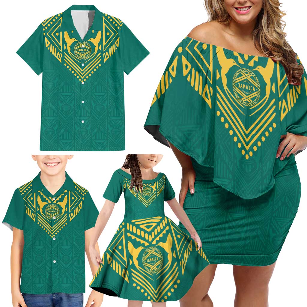 Jamaica Tribal Custom Football Family Matching Off Shoulder Short Dress and Hawaiian Shirt Green Style LT9 - Wonder Print Shop