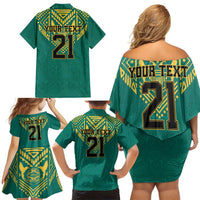 Jamaica Tribal Custom Football Family Matching Off Shoulder Short Dress and Hawaiian Shirt Green Style LT9 - Wonder Print Shop