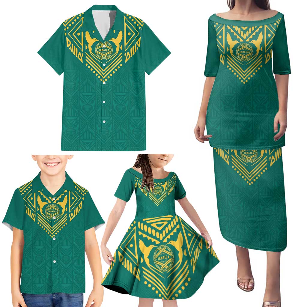 Jamaica Tribal Custom Football Family Matching Puletasi and Hawaiian Shirt Green Style - Wonder Print Shop