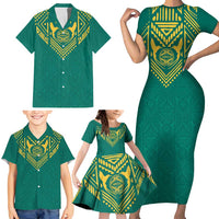 Jamaica Tribal Custom Football Family Matching Short Sleeve Bodycon Dress and Hawaiian Shirt Green Style - Wonder Print Shop