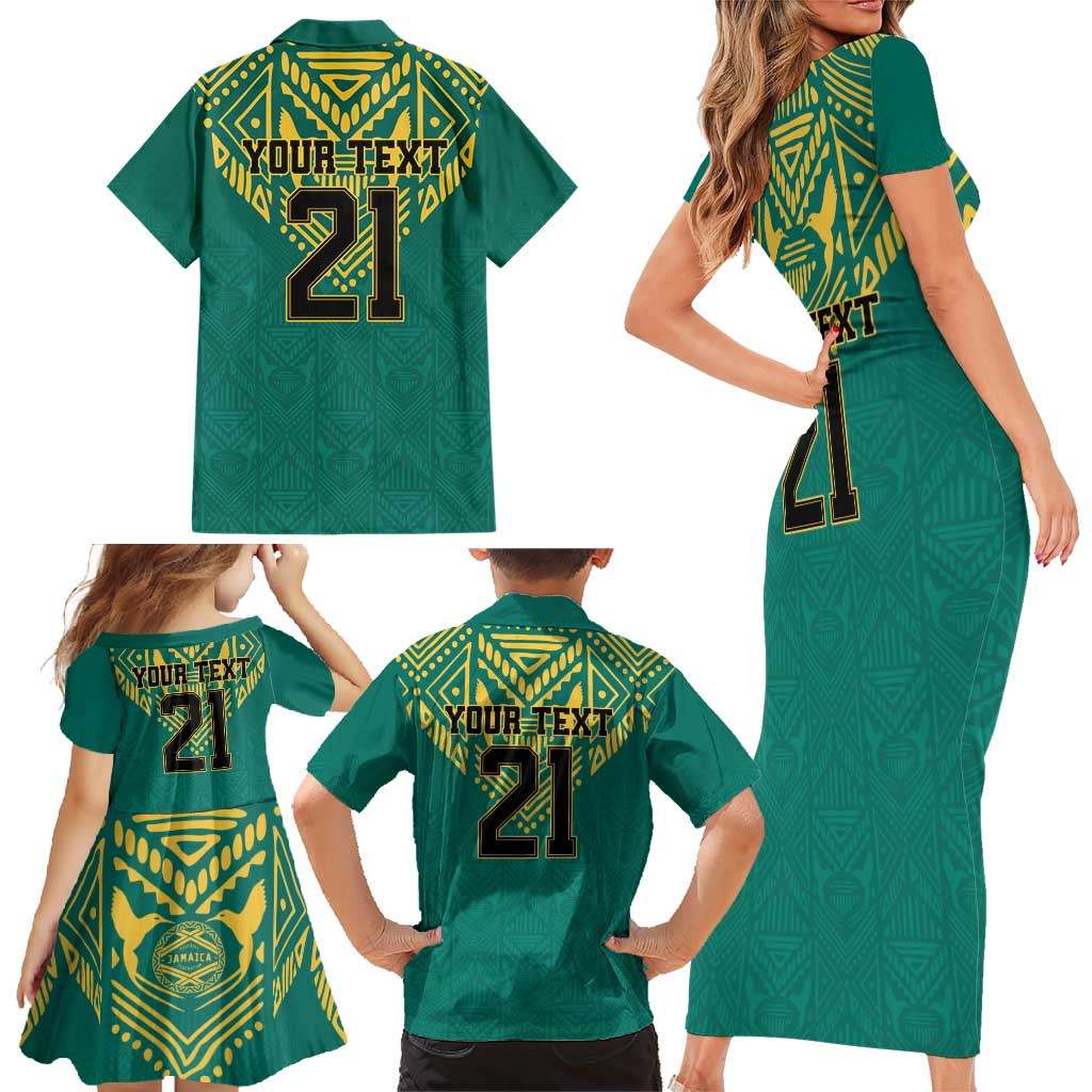Jamaica Tribal Custom Football Family Matching Short Sleeve Bodycon Dress and Hawaiian Shirt Green Style - Wonder Print Shop