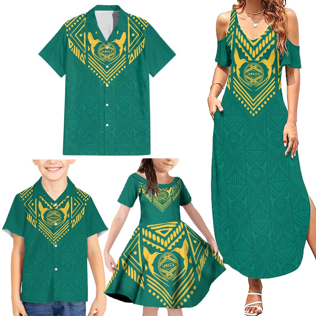 Jamaica Tribal Custom Football Family Matching Summer Maxi Dress and Hawaiian Shirt Green Style - Wonder Print Shop