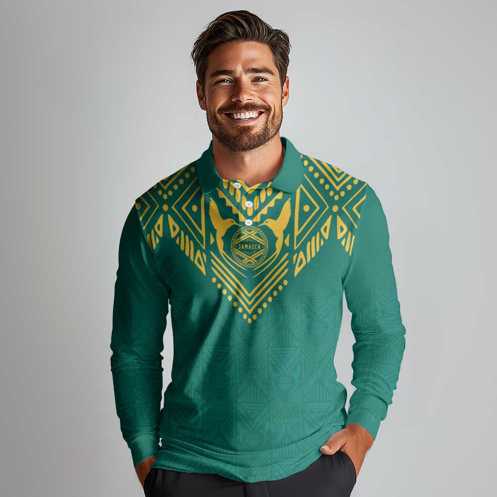 Jamaica Tribal Custom Football Long Sleeve Polo Shirt Green Style - Wonder Print Shop