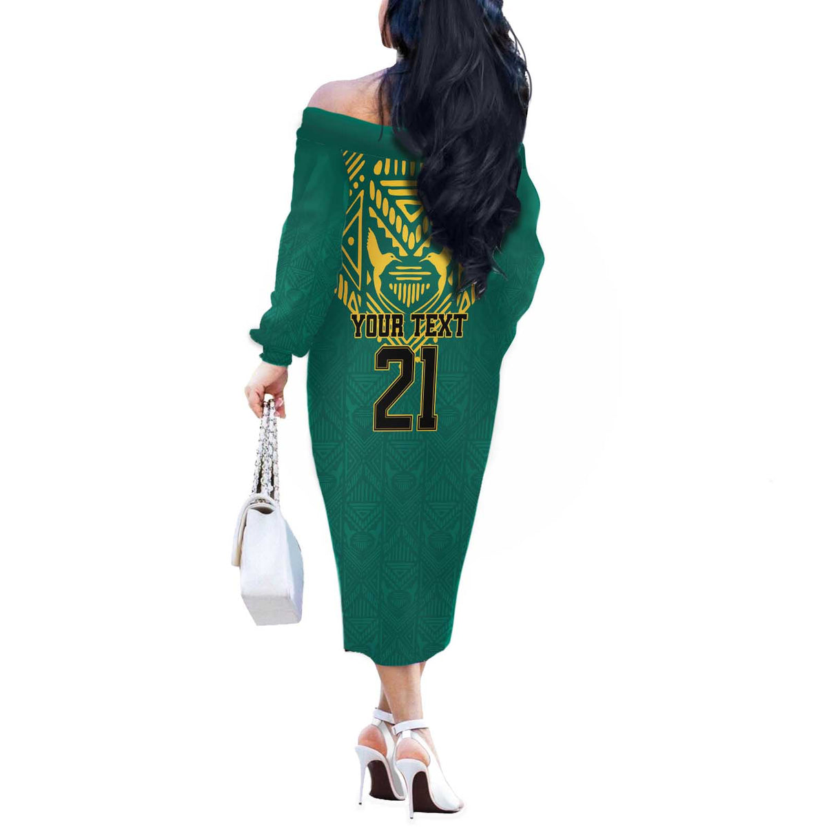 Jamaica Tribal Custom Football Off The Shoulder Long Sleeve Dress Green Style - Wonder Print Shop
