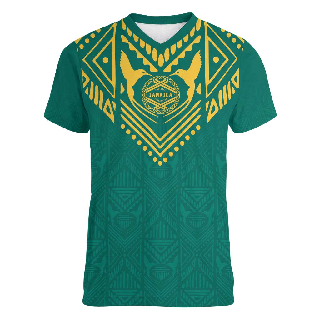 Jamaica Tribal Custom Football Women V-Neck T-Shirt Green Style - Wonder Print Shop