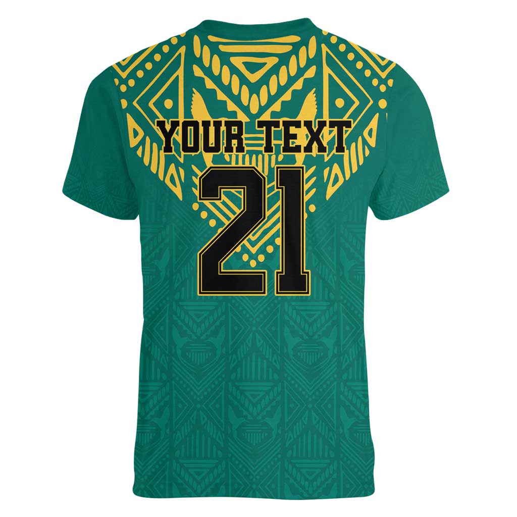 Jamaica Tribal Custom Football Women V-Neck T-Shirt Green Style - Wonder Print Shop