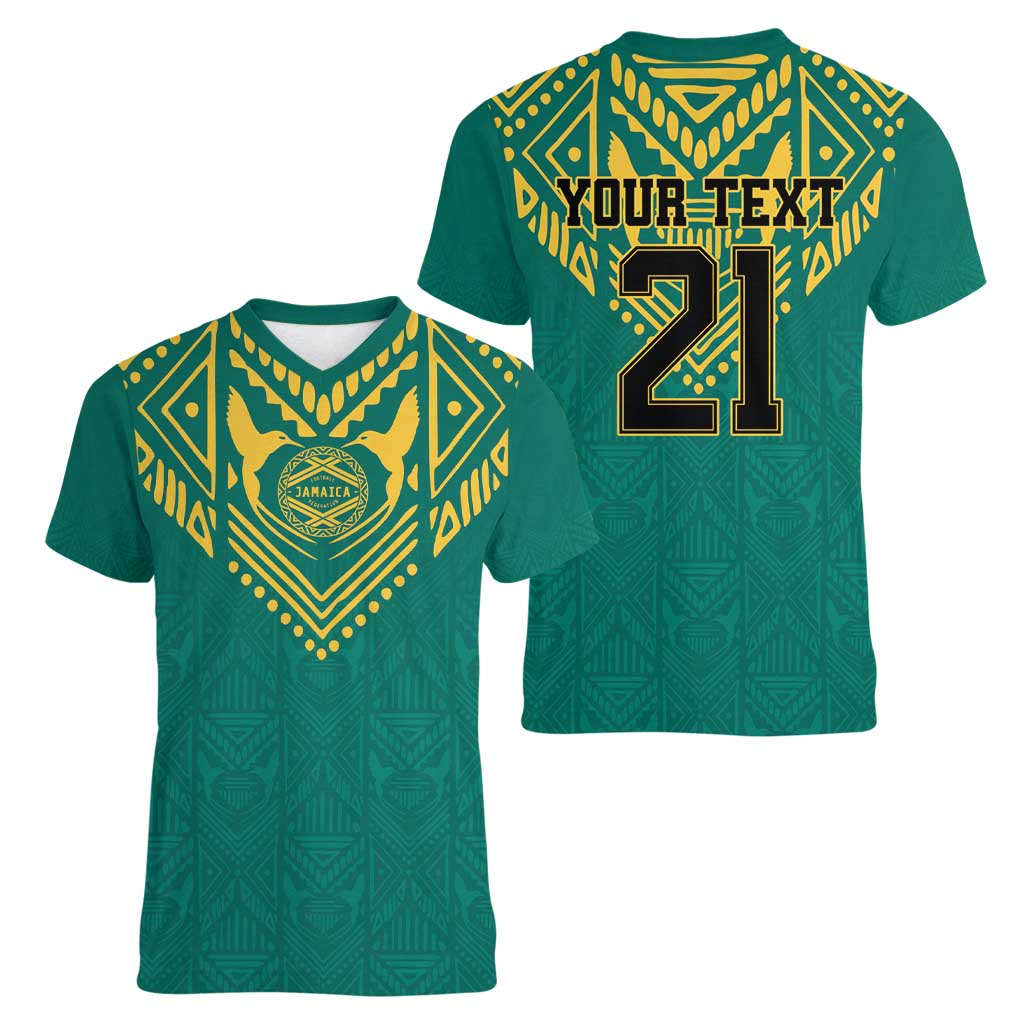 Jamaica Tribal Custom Football Women V-Neck T-Shirt Green Style - Wonder Print Shop