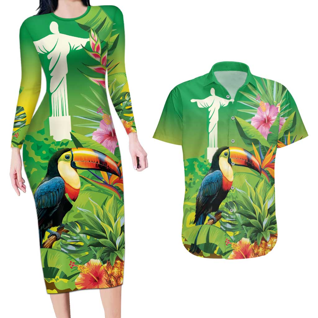 Brazil Rio-Toucan Bird Personalized Couples Matching Long Sleeve Bodycon Dress and Hawaiian Shirt Tropical Flowers