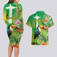 Brazil Rio-Toucan Bird Personalized Couples Matching Long Sleeve Bodycon Dress and Hawaiian Shirt Tropical Flowers